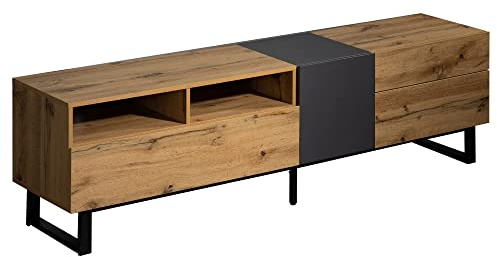 Gegtuon TV-Schrank TV Board 180 cm für Fernseher, Lowboard Fernsehtisch mit Stauraum Fächern und Schubladen, Fernsehschrank Möbel für Wohnzimmer Schlafzimmer, 180x50x38 cm (L/H/B), Eiche + Anthrazit