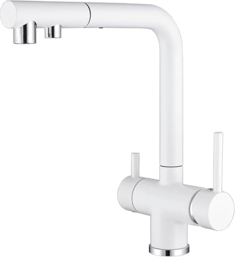 AMZZHAO Grifo de Cocina de 3 vías con Manguera rociadora extraíble, Grifo de Fregadero de Agua filtrada de ósmosis inversa, Doble manija, Blanco Enterprise