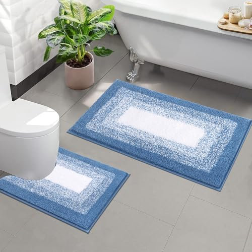 Enyhom Bath Mat Sets 2 Piece Non Slip Washable Bath Toilet Rug Soft Water Absorbent Shower Rug Bathroom Mat and Rug Sets, Blue
