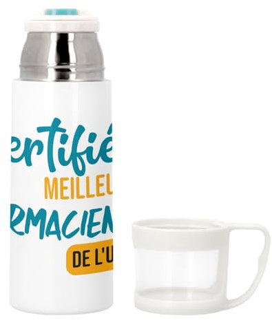 Thermos in acciaio inox con tazza integrata, certificata miglior farmacista dell'universo, dottore farmacia medicamento, 350 ml, bottiglia isotermica
