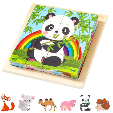 Kujinova Würfelpuzzle Holz, 6 in 1 Tier-Motive Holzpuzzle Montessori Spielzeug (E)
