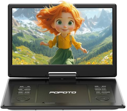 POFOTO 15,7 Tragbarer DVD-Player mit 14,1 HD-Schwenkdisplay, 6h Akkulaufzeit, Zonenfrei, Unterstützt Mehrere Formate/SD/USB, TV/Beamer-Anschluss, Stereo-Lautsprecher, Antischock & Speicherfunktion
