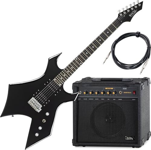 Rocktile Warhead E-Gitarre Set AK30A - Korpus aus Linde, Griffbrett aus selektiertem Hartholz - Set inkl. 75W Combo-Verstärker & Instrumentenkabel 3m – Ideal für Rock, Metal & mehr – Schwarz | Serie: Rocktile Heavy, 05 kg, Anzahl der Saiten: 6, Ausrichtung: rechts, Gesamtlänge: 107 cm, Breite max. Körper: 37 cm