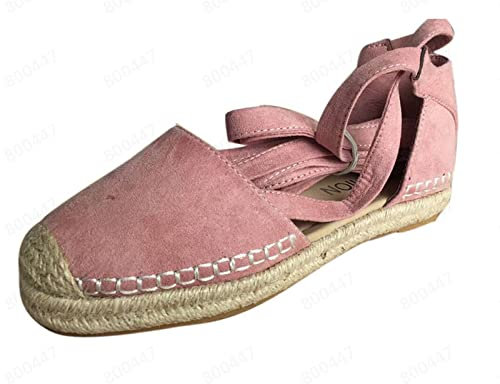 Sandalias para mujer, alpargatas con cordones, sandalias planas de un solo color, sandalias con correa en el tobillo, puntera cerrada, sandalias de ocio, zapatos de verano, zapatos planos, Rosa., 42