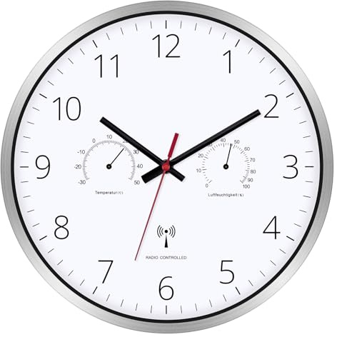 Koosome Funk Wanduhr 30 cm Lautlos Silber mit Temperatur & Feuchtigkeit | Geräuschlose Funkuhr mit Thermo-Hygrometer für Küche, Wohnzimmer & Bad | Silber-Metallrahmen, ideal für Zuhause & Büro