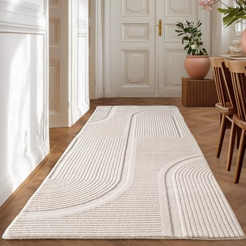 HomebyHome Teppich Boho Läufer 80 x 150 cm Creme, Waschbar & Pflegeleicht, Weicher Skandinavischer Deko Teppich mit 3D-Effekt, Ideal für Flur, Küche oder Schlafzimmer