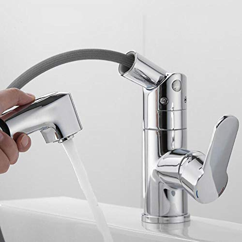 Basin Mixer Tap with Pull Out Spray Bathroom Taps Chrome Plated Rotating Hot and Cold Brass Washbasin Faucet Shower Dual Mode Switchable