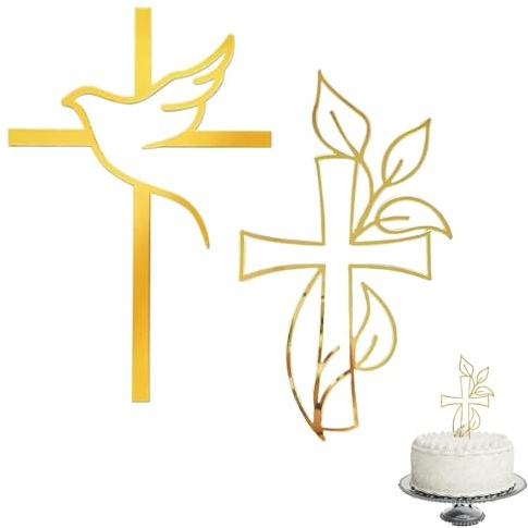 2 Pièces Décorations de Gâteau en Forme de Croix, Deco Communion Baptême pour Première Communion, Acrylique Décorations de Gâteaux Dorée avec Colombe et Feuilles pour Baptême Mariage (B)