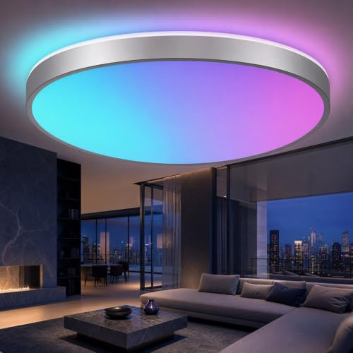 Horevo Lámpara de techo LED altavoz Bluetooth y Mando a Distancia | 24W, 40cm, Plateado, RGB, Regulable, 3000-6500K, Altavoz Bluetooth: ideal para el Salón, el Dormitorio y la Cocina