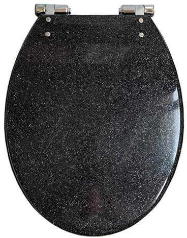 Glitter Black Round Toilet Seat 16.5 Quiet No Slam Lid Slow Close Quick Release for Easy Cleaning Non Slip Safe Resin Cover Stylish Bathroom Upgrade