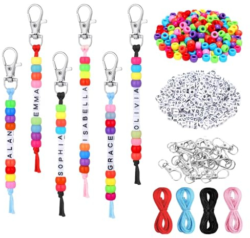 Acidea 616 Stücks Perlen-Schlüsselanhänger Herstellungsset, Schlüsselanhänger Zum Basteln Verstellbare Buchstabenperlenstränge Geschenk Alphabet Perlen Schmuck Schlüsselring Schmuckzubehör