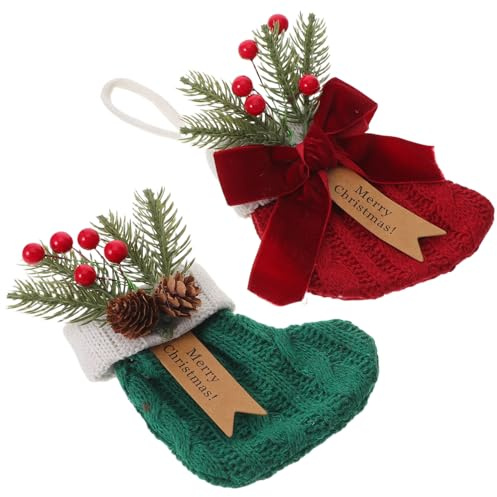 HAMPPLIES 2 Piezas Pequeñas Medias Tejidas con Botas de Santa para Dulces Contenedor de Snacks Adorno Colgante para Árbol de Navidad Rojo y Verde para Fiestas y Regalos