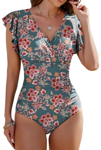 Vancavoo Bañadores Mujer Reductores Una Pieza Bañador Trajes de Baño con Escote en V Bandeau Sin Espalda Push Up Ropa de Baño Manga con Volantes