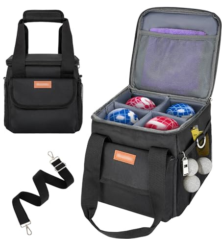 TavenRoa Boccia Kugeltasche für 8 Kugeln, Tragetasche für Boccia Set mit Herausnehmbaren Trennwänden, Gepolsterte Aufbewahrungstasche mit Schultergurt & Netztaschen, Schwarz (Nur Tasche)