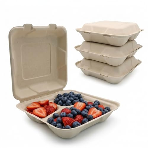 The Happy Garden Clamshell Food Containers, 3 Compartment (Pack of 50) - Eco-Friendly Bagasse Takeaway Boxes, Compostable Disposable Burger Box, Leak-Proof, Microwave & Freezer Safe