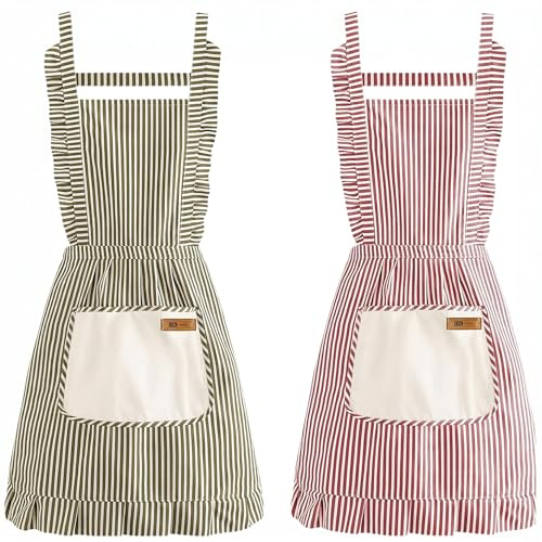 Suxyn Set di 2 Grembiuli da Cucina Vintage per Donna, Grembiule con Volant e 2 Tasche, Grembiule Regolabile con Cinturini di Legatura, Ideale per Cucina, Pasticceria e Lavori Domestici