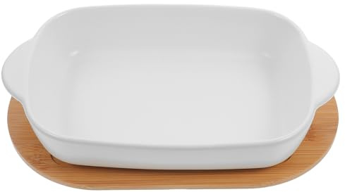 MINAOLULUS Rectangular Ceramic Baking Dish with Handles and Wood Base, 650ml Capacity, High Strength and Deformation Resistant Bakeware for Daily Dinner Plate and Serving Meat