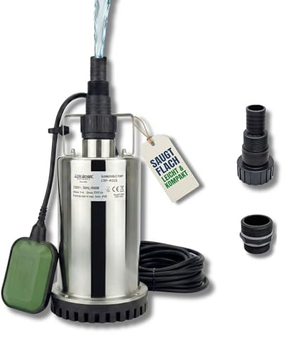 Flachsaugende Edelstahl Tauchpumpe 400 Watt Schmutzwasser geeignet Fördermenge und Hubhöhe 7000l/h 6 Meter mit Schwimmschalter und Dauerbertieb funktion