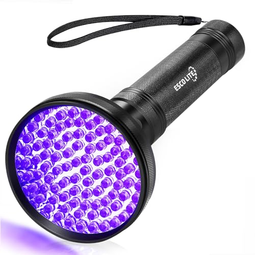 ESCO LITE Linterna UV de luz negra, 100 LED 395 nM, linternas ultravioletas, detector de luz negra UV para orina de perro, manchas de mascotas y chinches, a juego con eliminador de olores de mascotas