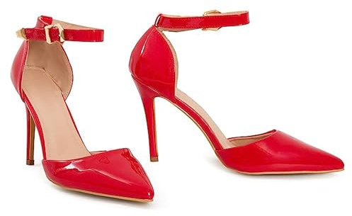 Scarpe da Donna Unisex con Cinturino alla Caviglia e Tacco a Spillo con Fibbia, Brevetto Rosso, 45 EU
