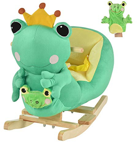 Qaba Kids Ride-On Rocking Horse Toy Frog Style Rocker with Fun Music, Seat Belt & Soft Plush Fabric Hand Puppet for Children 18-36 Months
