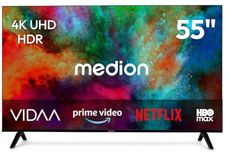 MEDION 138.8 cm 55 Téléviseur Ultra HD Smart TV HDR10 Vida Store Prime Video Disney+ DAZN HbbTV PVR Bluetooth HD+, MD855201