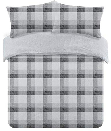 Dreamscene Teddy Fleece Duvet Set, Reversible Super Soft Winter Warm Tartan Check Fleece Bedding Double Quilt Cover Comfy Fluffy Thermal Teddy Bear Bedding with Pillowcases, Grey Silver Charcoal