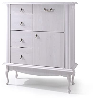 Furniture24 Hohe Kommode Diana DA11 Schrank Barkommode Highbord 1 Tür 3 1 Klappe 4 Schubkästen Wohnzimmerschrank Schnee Kiefer Barschrank