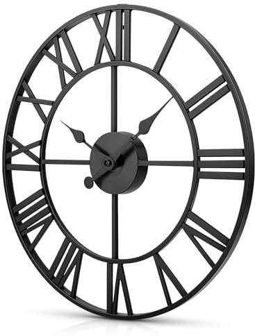 BLADO Large Black Wall Clock for Living Room - Elegant Silent Design With Roman Numerals for Indoor & Outdoor - Vintage Style for Kitchen, Bedroom and Garden