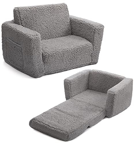 ALIMORDEN 2-in-1 Flip Out Cuddly Sherpa Toddler Couch, Convertible Sofa to Lounger, Grey