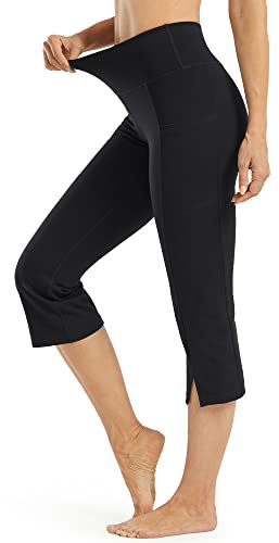 Promover Yoga capribyxor för kvinnor bootcut yogabyxor med fickor hög midja främre delad magtröja bootleg träning capri leggings, Capris-svart-a026, XL