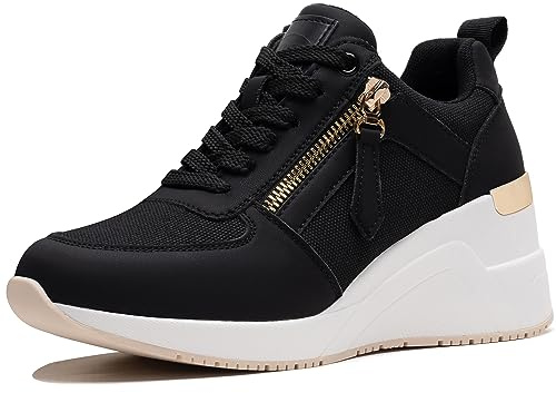 Viscozzy High Heel Wedge Sneakers for Women Dressy Platform Hidden Wedge Tennis Shoes Lightweight Fashion Heeled Sneakers Lace Up Women W139-SZW36-BLACK-7