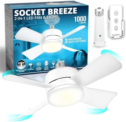 Bell+Howell Socket Breeze Modern Ceiling Fans with LED Lights, 10 LED E26 Screw Base Mini Light Socket Fan for Bedroom, Living Room, Kitchen, Balcony