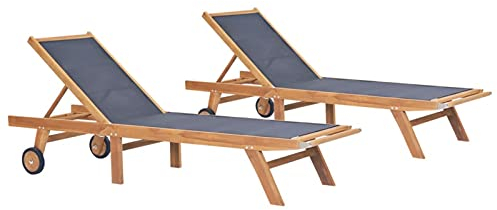 ZEYUAN Klappbare Sonnenliegen mit Rollen 2 STK., Gartenliege, Strandliege, Relaxliege Garten, Saunaliege, Campingliege, Poolliege, Liege Garten, Teak Massiv Textilene