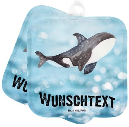 Mr. & Mrs. Panda Personalisierte Topflappen Orca - Geschenke, Meer, Orcas, Namensaufdruck, Büro, mit Namen, Personalisierter Ofenhandschuh, Set Personalisiert, Arbeit, Wal, Topfuntersetzer, Startup