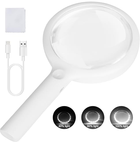 NUEYiO Loupe à charge x30 avec lumière, grande loupe de poche de 11,9 cm, 20 LED lumière du jour, troisième vitesse à gradation lumineuse pour personnes âgées, lecture, inspection, collection de
