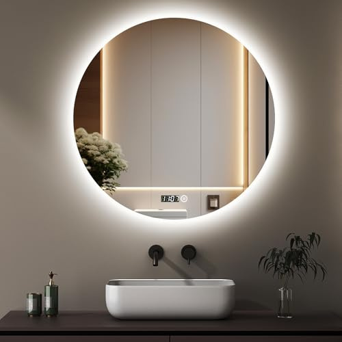 Boromal LED Badspiegel mit Uhr und Beleuchtung 60cm Rund Badezimmerspiegel 3 Lichtfarbe Dimmbar 3000-6500K 2060LM Kaltweiß Neutral Warmweiß Wandspiegel Lichtspiegel mit Touch Schalter, Uhr