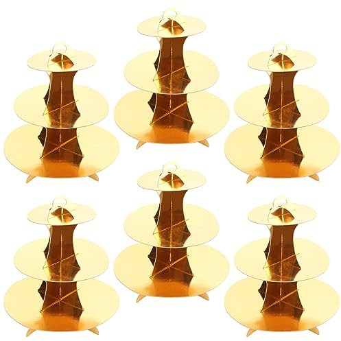 ZEONHEI Paquete de 6 soportes de cartón dorado de 3 niveles, soporte redondo de cartón para cupcakes, soporte de exhibición de cupcakes para fiesta de cumpleaños, fiesta de Navidad, boda