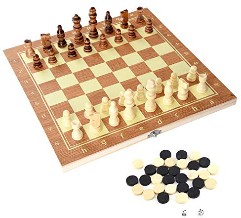 Scacchi Internazionali, Scacchi Dama e Backgammon in Legno, 3 in 1 Chess e Checkers e Backgammon, Gioco da Tavolo Pieghevole Portatile (29CM)
