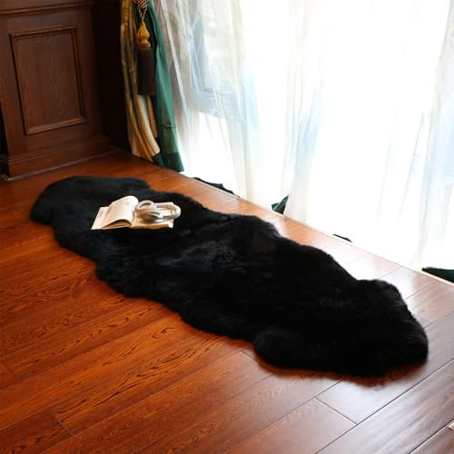 RZLWOOL Genuine Sheepskin Rug New Zealand Fluffy Lambskin Rug, Natural Luxury Sheepskin Throw for Bedroom Living Room Children's Room - Premium Area Rug Chair Cover (2×6 Feet, Black)