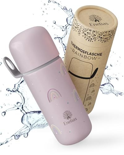 Enelias® Thermoskanne mit Becher [350 ml] - Thermosflasche mit praktischem Verschluss, BPA-frei, kohlensäuregeeignet - Edelstahl Trinkflasche Kinder für Ausflüge, Kindergarten und Schule | Rosa