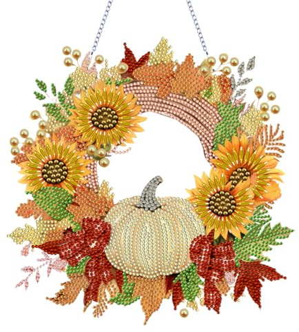 Demiawaking 5D DIY Diamond Painting Kürbis Girlande Kranz Set, Diamant Painting Anhänger Herbstdeko Kits mit Kette, Diamant Malerei Türkranz Kürbis Herbst Deko Tür Fenster Deko DIY Geschenk (H)