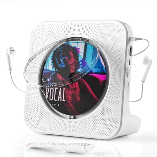 Lettore CD con trasmettitore Bluetooth, lettore CD Bluetooth portatile con timer, copertura antipolvere, radio FM/porta USB/AUX, lettore musicale domestico con telecomando, auricolare a filo
