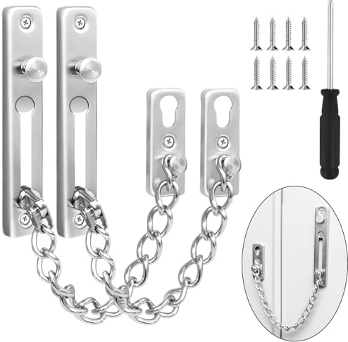 Bohoray 2 Pcs Stainless Steel Internal Door Chain, Security Door Chains for Front Door, Anti Theft Door Chain Lock with Screwdriver for Hotel, Home, Front Door, Apartment, Bedroom (Silver)
