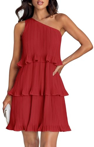 ZESICA Women's 2025 Summer Sleeveless Mini Dress Boho One Shoulder Ruffle Tiered Layered Flowy A Line Dresses,Red,Small