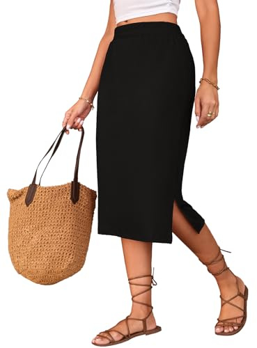 Naggoo Midi Skirts for Women Summer Elastic High Waisted Side Slit Long Skirt Black S