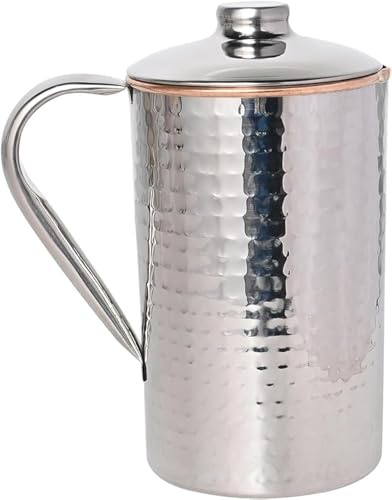 ANCIENTIMPEX Pichet en cuivre martelé et Acier Inoxydable | Pichet extérieur en Acier Inoxydable et intérieur en cuivre pour des bienfaits ayurvédiques sur la santé (1,5 Litre)
