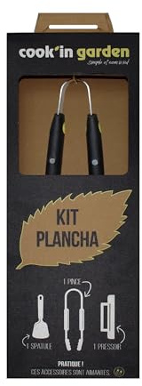Cook’in Garden - Kit Ustensiles pour Plancha et Barbecue, Spatule + Pince + Pressoir en INOX, Manche Soft Touch, Aimant Intégré pour Rangement & Utilisation Facile
