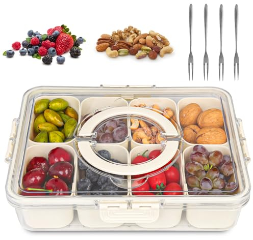 Divided Serving Tray with Lid and Handle, Snack Trays with Compartments Portable Clear Food Storage Container Removable Box for Sweets, Seasonings, Snacks and More (with 4 Forks)