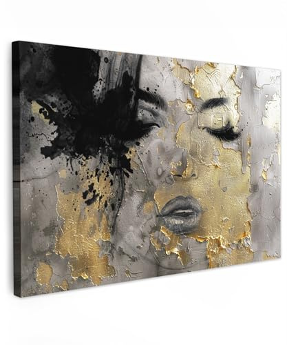 MuchoWow© Leinwand Bilder Groß XXL Wanddeko Wohnzimmer Aesthetic Room Decor | 120x80 cm - Deko Zimmer Wandbilder Moderne Bild auf Frau - Kunst - Gold - Schwarz